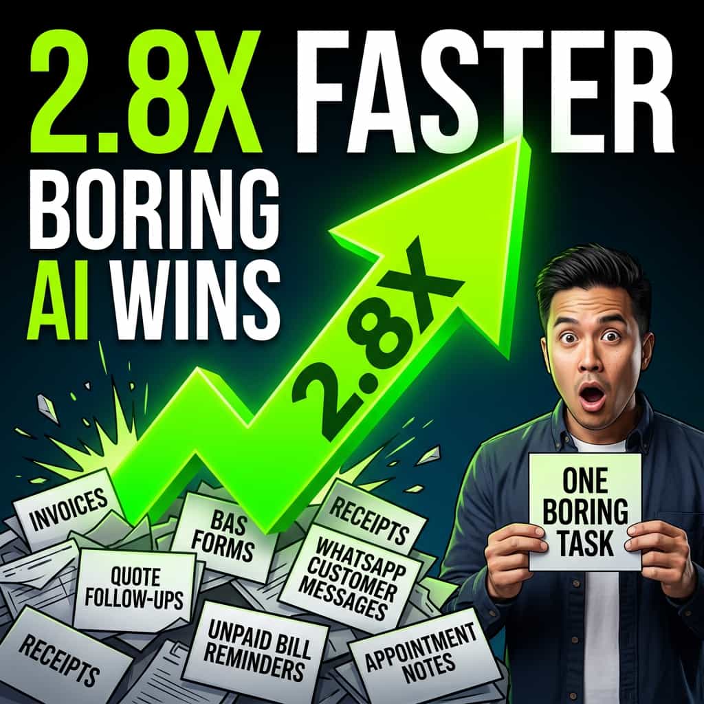 Australian small business owner with realisation expression in front of paperwork wall, with 2.8x growth arrow and 'one boring task' card overlay