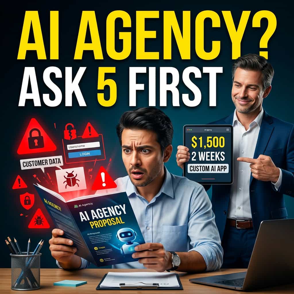 Australian small business owner reviewing AI agency proposal at desk with concerned expression, salesperson gesturing in background