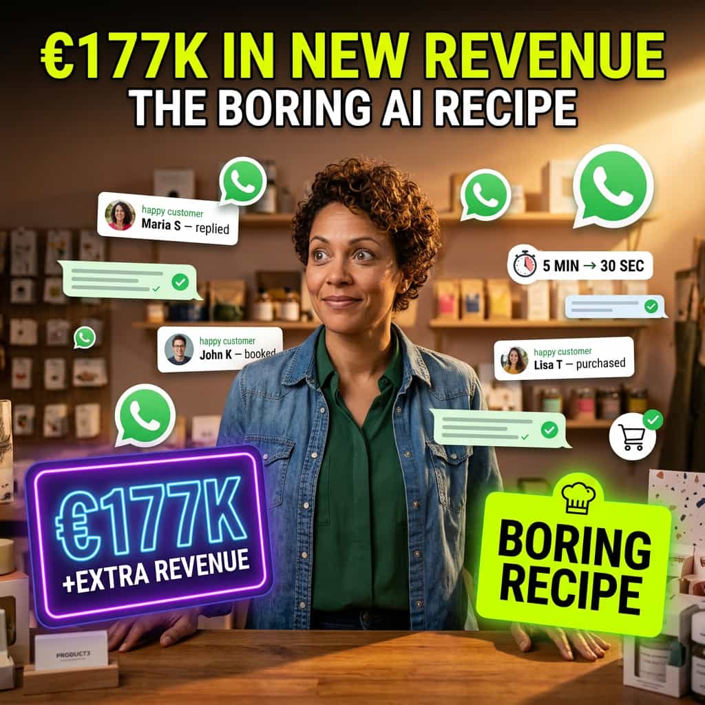 Small business owner with realisation expression in front of shop counter with floating WhatsApp message bubbles, €177K and boring recipe overlay