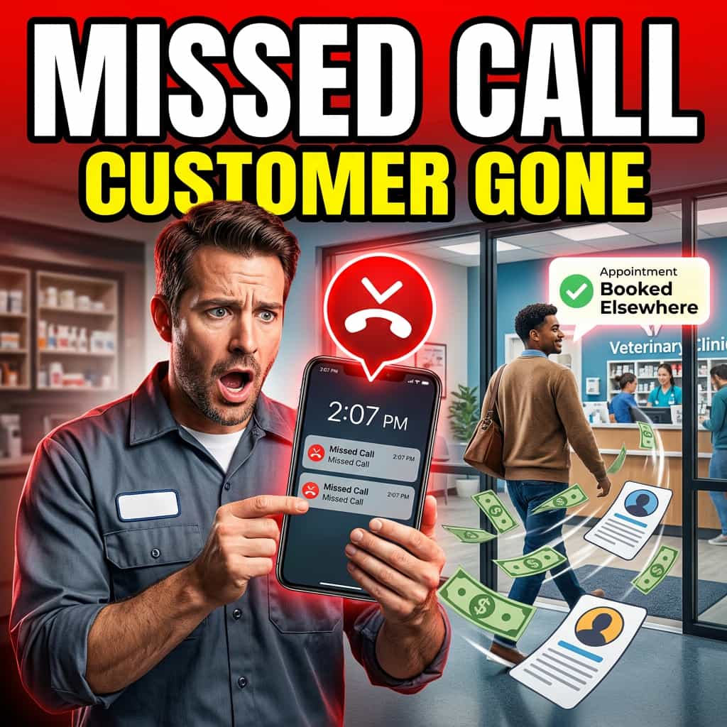 Australian service business owner looking at mobile phone showing multiple missed call notifications, expression of concerned realisation, customer profile cards drifting away from the phone toward a competitor's storefront in the background