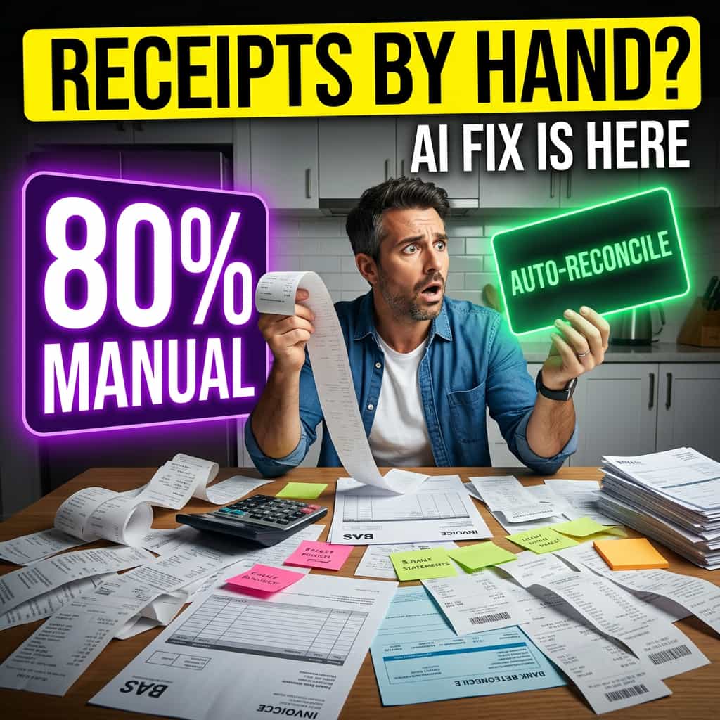 Australian small business owner at home desk surrounded by paper receipts, bank statement, and sticky notes, looking up with expression of realisation as a neon-green 'AUTO-RECONCILE' card glows beside them