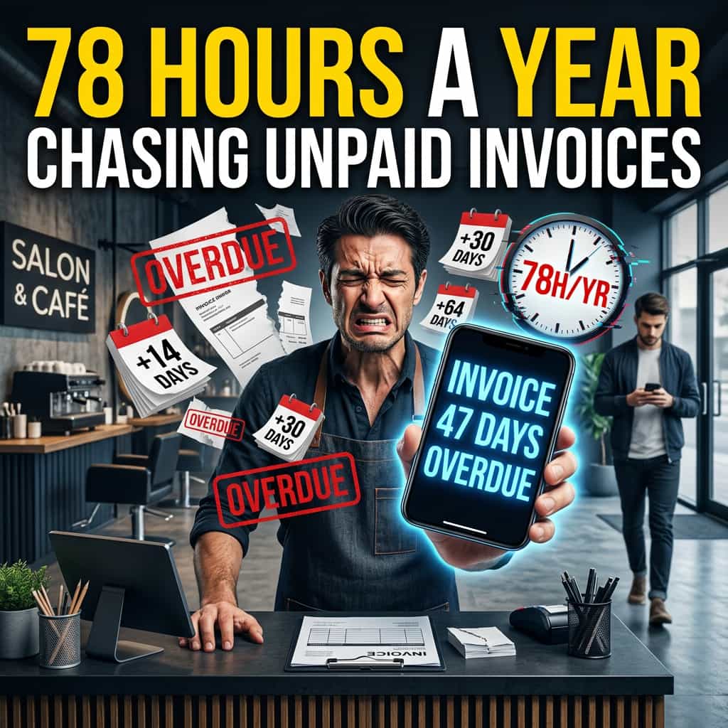 Australian small business owner at reception desk holding phone showing overdue invoice notification with frustrated expression; customer in background turning away avoiding eye contact; floating overdue invoice fragments and '+64 DAYS' calendar pages around the phone