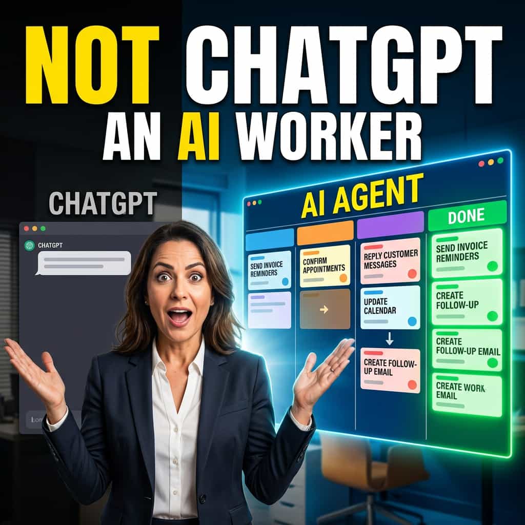 Small-business owner having an aha moment in front of a wall of paperwork and customer messages, realising the difference between an AI tool and an AI agent.