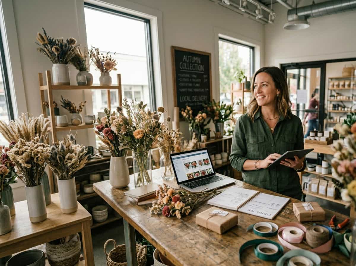 Small business owner running her shop with a laptop and tablet